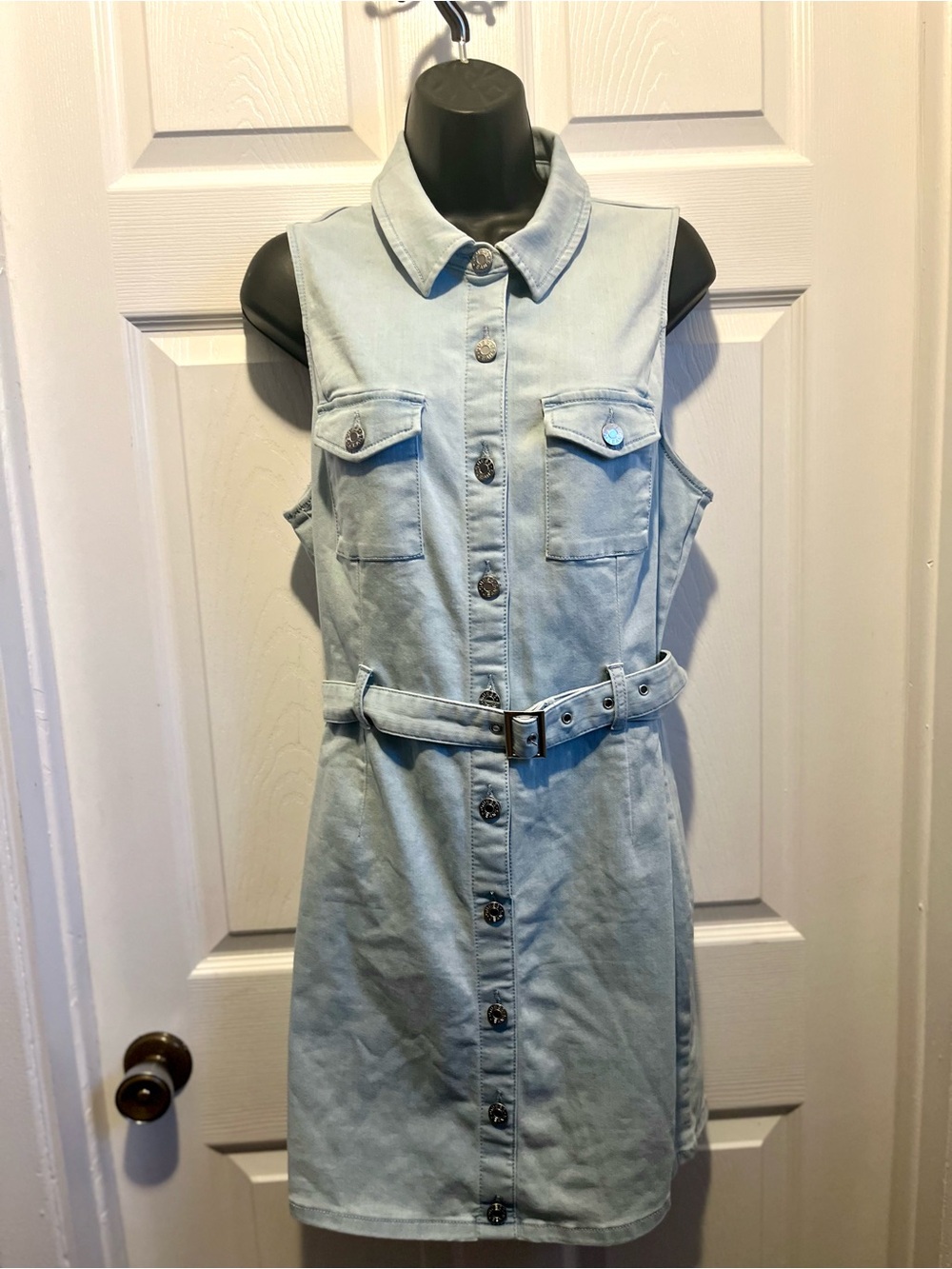 GUESS Y2K Mini Dress Denim Sleeveless Belted Button Large Vintage 90’